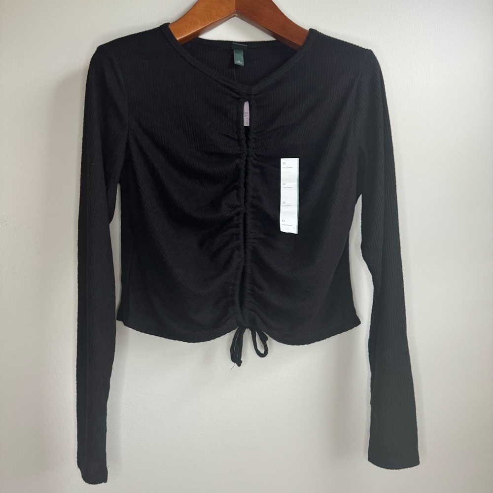 Wild Fable Black Long Sleeve Crop Top With Ties & Cut Out Front Medium NWT